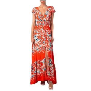 MISS ME Floral Print Bohemian Romantic Festival Maxi Button Dress Women’s Sz L